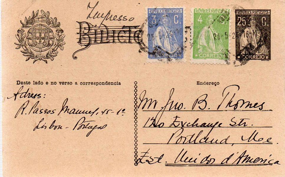 0220 f.jpg -     Lote:    220 (frente)            Portugal       Descrição:         1924/26 &mdash; Ceres. OM74b, 25 reis preto. Circulado de Lisboa (26.05.24) para os EUA com selos adicionais de 3c CE235 e 4c CE226. Porte de 32c para impressos para o estrangeiro. Rara utilização de um inteiro com porte de impresso.        IC       Valor Base:     &euro; 30,00     Valor Venda:     &euro; 60,00     